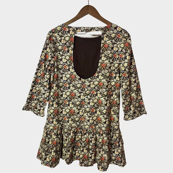 Free People The Avenue Brown Floral Ruffle Mini Dress Cut Out Back‎ M Boho - Picture 6 of 13